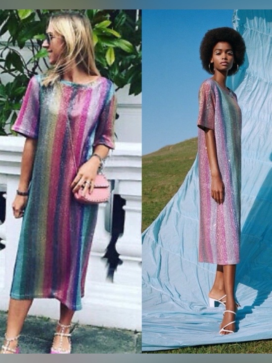 Zara Dresses & Skirts - Zara Sz M Rainbow Stripe Sparkly Sequin Midi Dress Bloggers Fav Festival Disco